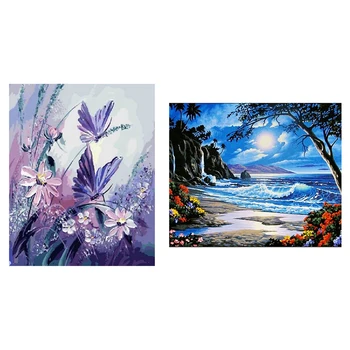 

DIY Oil Painting Paint By Number Kit-Butterfly with Purple Flower 16X20 Inch (Frameless) & Blue Ocean