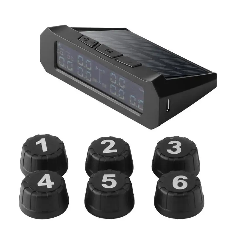 

Solar Car TPMS Truck Tire Pressure Monitoring System with 6 External Sensors Support Tire Position Interchange LCD Display