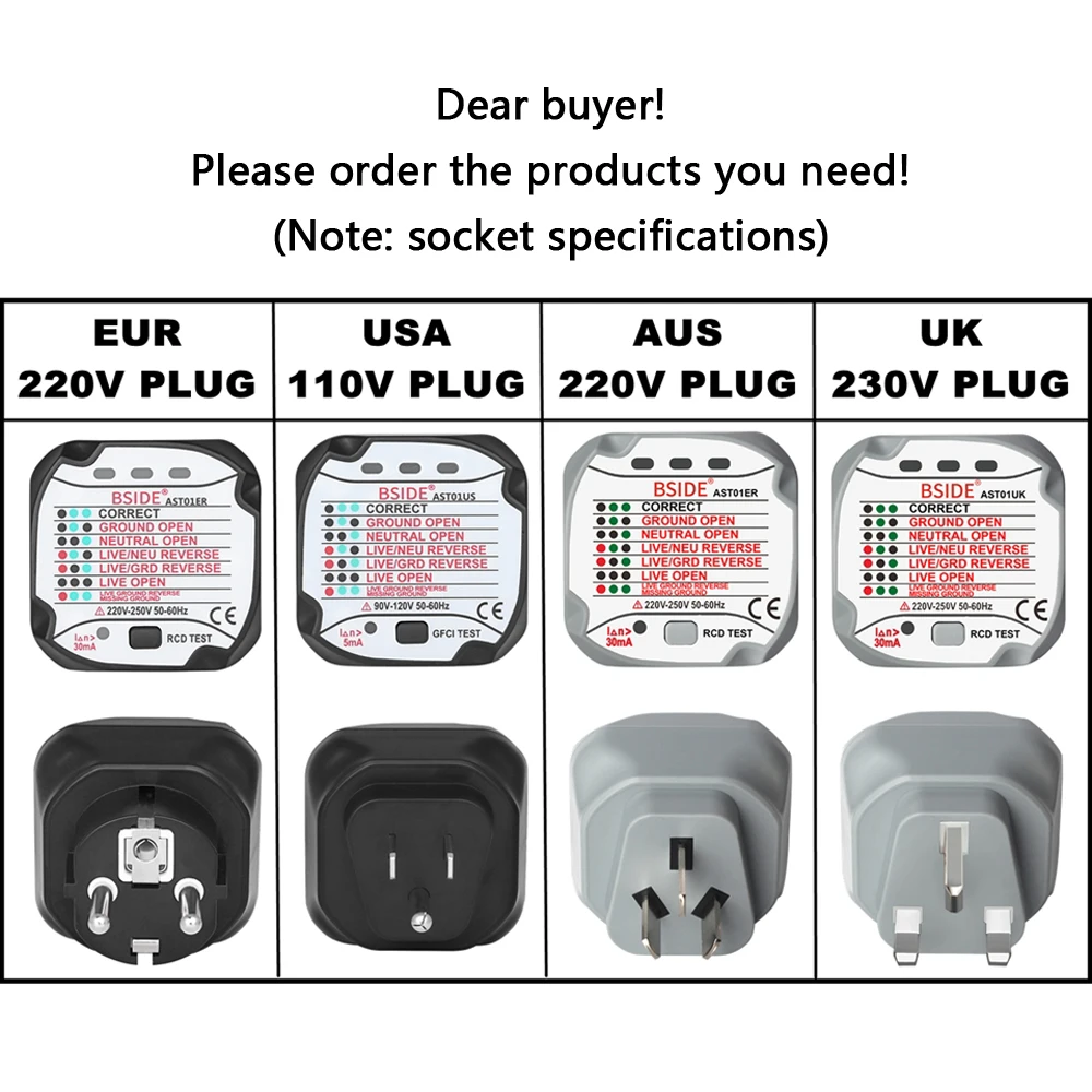 BSIDE AST01 Electric Socket Tester EU US UK AU Plug RCD GFCI Test  Outlet Ground Zero Line Plug Polarity Phase Wall Check 6