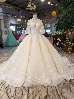

BGW 2021114ht Light Champagne Wedding Gowns Flare Half Sleeves Sweetheart Lace Up Back Wedding Dress Ball Gown From Real Factory