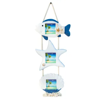 

Mediterranean Wooden Photo Frame Wall Decoration Three-link Pictures Frame Starfish Shell Crafts Kids Room Decor Accessories