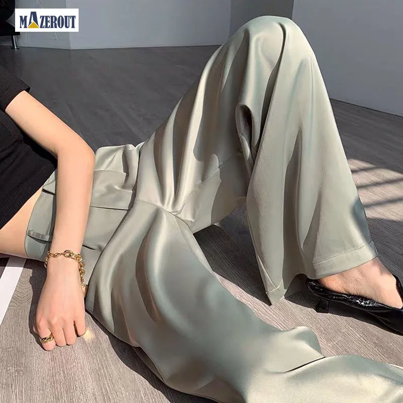 MAZEROUT Chic High Waist Loose Straight Pants Women Office Ladies Suit Pant Autumn Female Long Trousers Wide Leg femme Silk MAZEROUT Chic High Waist Loose Straight Pants Women Office Ladies Suit Pant Autumn Female Long Trousers Wide Leg femme Silk