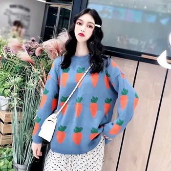 

Women Sweaters Autumn Winter Carrot Pattern Print Sweater Casual Loose Korean Style Kawaii Long-Sleeved O-Neck Knitwear Jumper