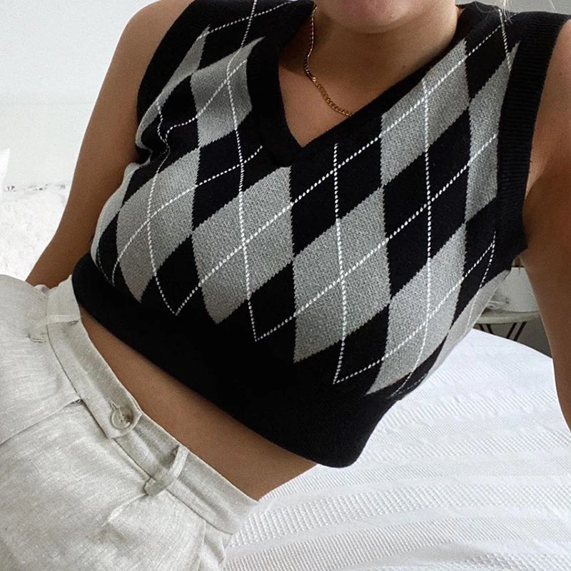 

Vintage 90s Argyle Cropped Knit Sweater Vest Women 2020 Sleeveless Casual Striped Pullovers Y2K Top Knitwear Jumper Streetwear