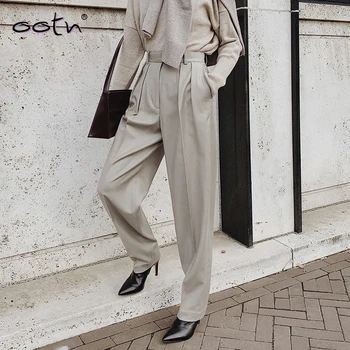 

Streetwear High Waist Trousers Ladies Office Solid Basic Loose Pants Pleated Casual Women Ankle-Length Khaki Pants Female 2020
