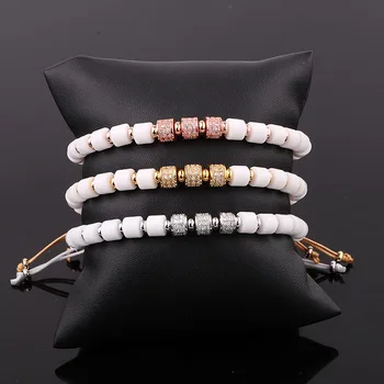 New Fashion Women Bracelet Natural Stone White Beads CZ Pave Charm Macrame Bracelet Women Men