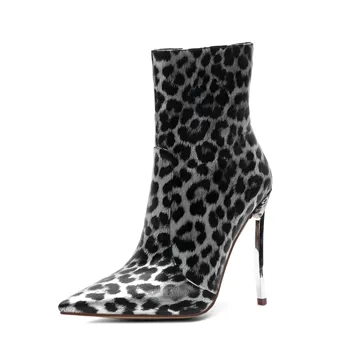 

BESCONE Women Ankle Boots Sexy Pointed Toe Leopard Print Thin Heel Shoes Winter Warm Handmade 12 cm Zipper Ladies Boots BM349