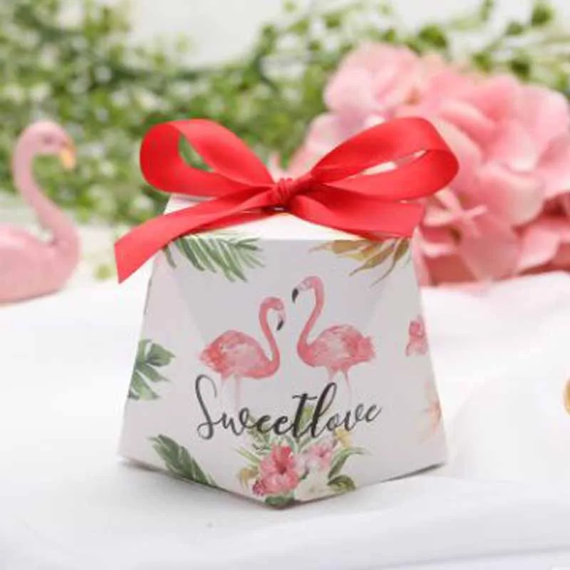 Flamingos box red DIY, 50 коробок+ 50 лент, 19 видов, стильная Алмазная коробка для конфет, Свадебная коробка для конфет, лесная свежая серия, Подарочная коробка для конфет, вечерние принадлежности - Цвет: Flamingos box red