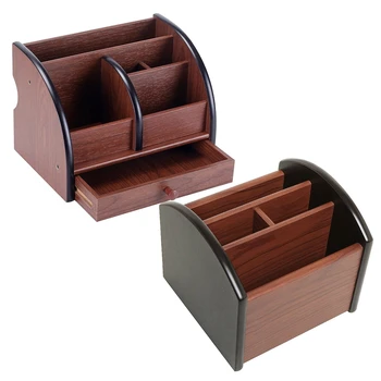 

Revolving Wooden 4 Compartment Desktop Office Supplies Storage Organizer & 5-Compartment Luxury Brown Wood Office Desktop Organi