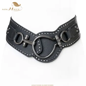 

SISHION Fashion Punk Style Black Wide Belts for Women Elastic Wide Women Belts Metal Round Buckles Ladies Waist Belt QY0642