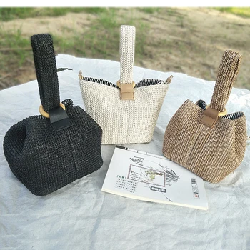 

Circular Straw Woven Bag for Women Simple Casual Women's Hand-held Slant Span Bag Small Fresh Mini Beach Woven Bucket Bag
