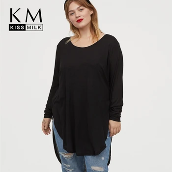 

KISSMILK 2020 New Fashion Spring Thin Asymmetry Loose Simple Plus Size O-neck Solid Casual Women T-Shirt