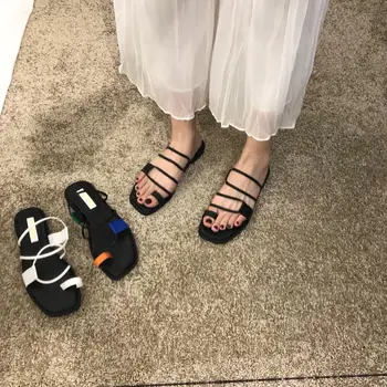 

2019 Summer Korean Lazy tao zhi Thin Strips Flat-Bottomed Slippers Lines Thin du jia feng Sandals Shoes