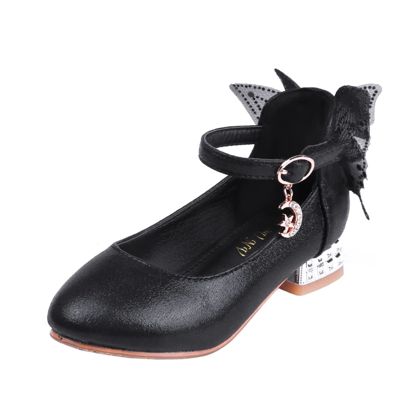 SJD024Black Детская обувь из кожи; детская обувь для девочек на низком каблуке в стиле принцессы; вечерние туфли с бантом; цвет черный, розовый; SJD024 - Цвет: SJD024Black