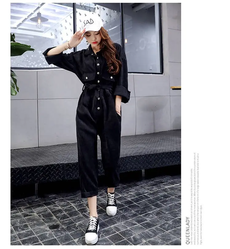 Женский вельветовый винтажный однотонный комбинезон с длинным рукавом, женский корейский стиль, уличная одежда, черный цвет, длина до щиколотки, с карманами