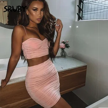 

SRUBY Sexy Summer 2 Piece Set Women Bodycon Club Party Crop top Sets Elegant Sphagetti Strap Sleeveless Backless Two Piece Set