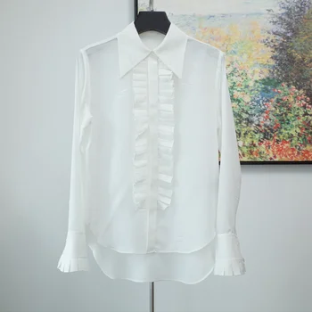 

Women Shirt New Fashion Temperament Retro Pleated Collar Chiffon Silk Shirt