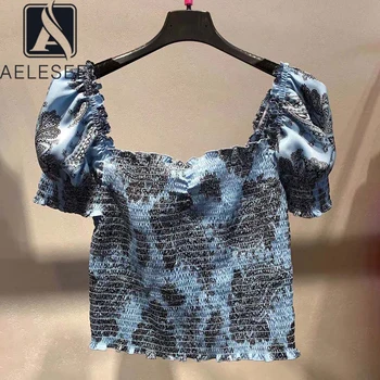

AELESEEN Runway Fashion Short Blouse 2020 High Quality Designer Slash Neck Puff Sleeve Waist Ruffles Holiday Casual Blouse