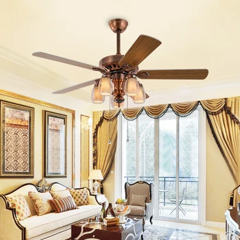 

Popular Antique LED Fan Light with Remote Control Glass Lampshade Wooden Ceiling Fan Lamp Living Room Bedroom Retro E14 Lamp