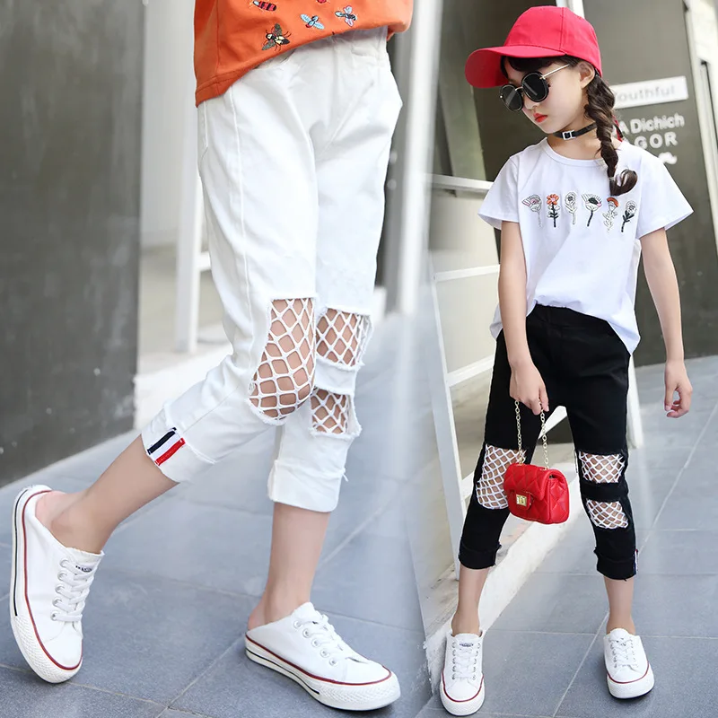 Детская одежда; летняя одежда для девочек; Брюки-Капри; Новинка года; Стильные повседневные черно-белые брюки для больших мальчиков; брюки с дырками для маленьких девочек