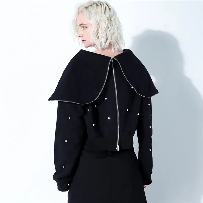Women 2021 New Fashion Autumn Full Sleeve Diamonds Black Casual Shirt Wear Both Pullovers &amp Zip-up Short Hoodies Sweatshirts | Женская