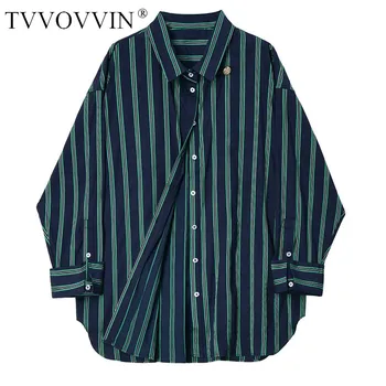 

Loose Women Blue Striped Split Big Size Blouse Lapel Long Sleeve Loose Fit Shirt Fashion Tide Spring Autumn 2020 PMEE