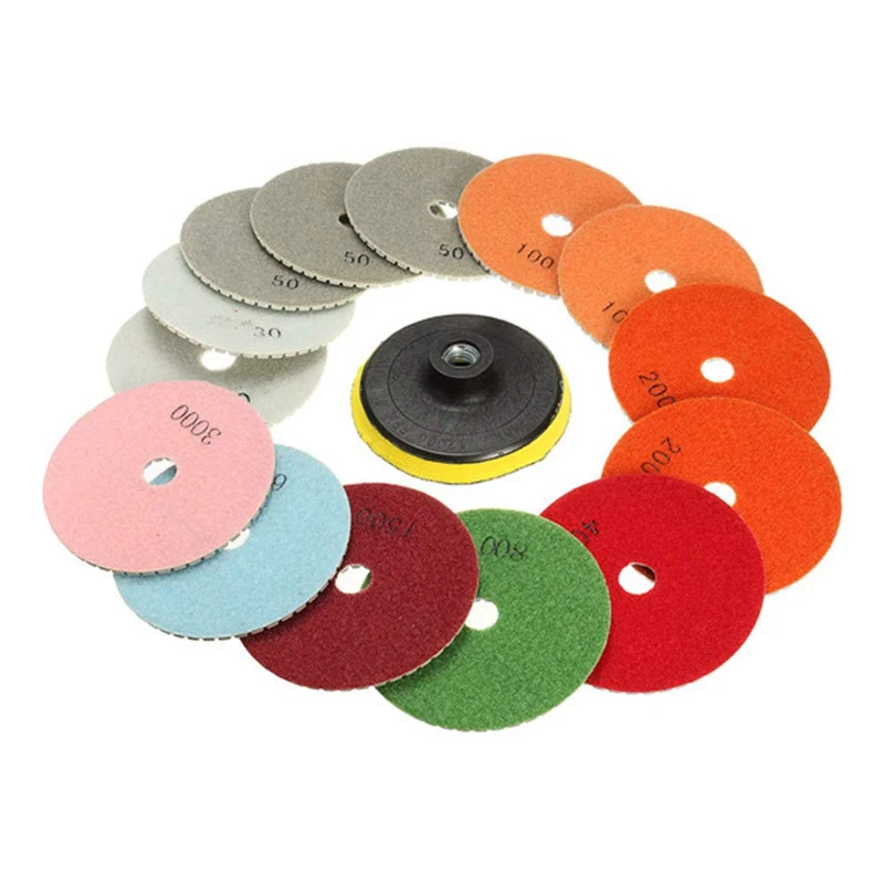 

15Pcs/Set 4 Inch 30-6000 Grit Diamond Polishing Pads with Backer Pad REP Sticks Stone Wet Dry Granite Concrete Marble Tools