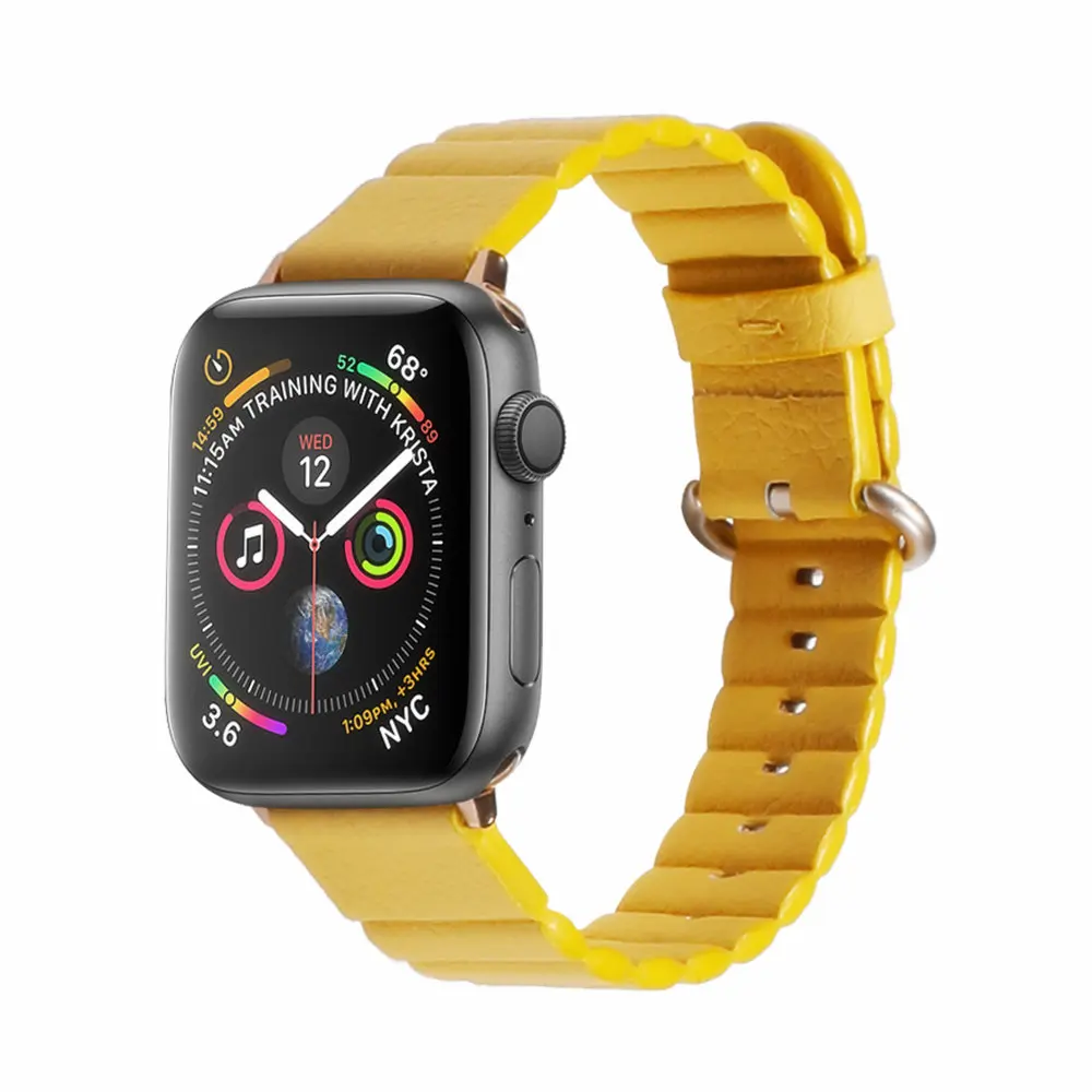 yellow Кожаный ремешок-петля для apple watch, ремешок 44 мм, 40 мм, 42 мм, 38 мм, натуральная кожа, петля, металлическая кнопка, браслет, apple watch 5, 4, 3, 2 - Band Color: yellow