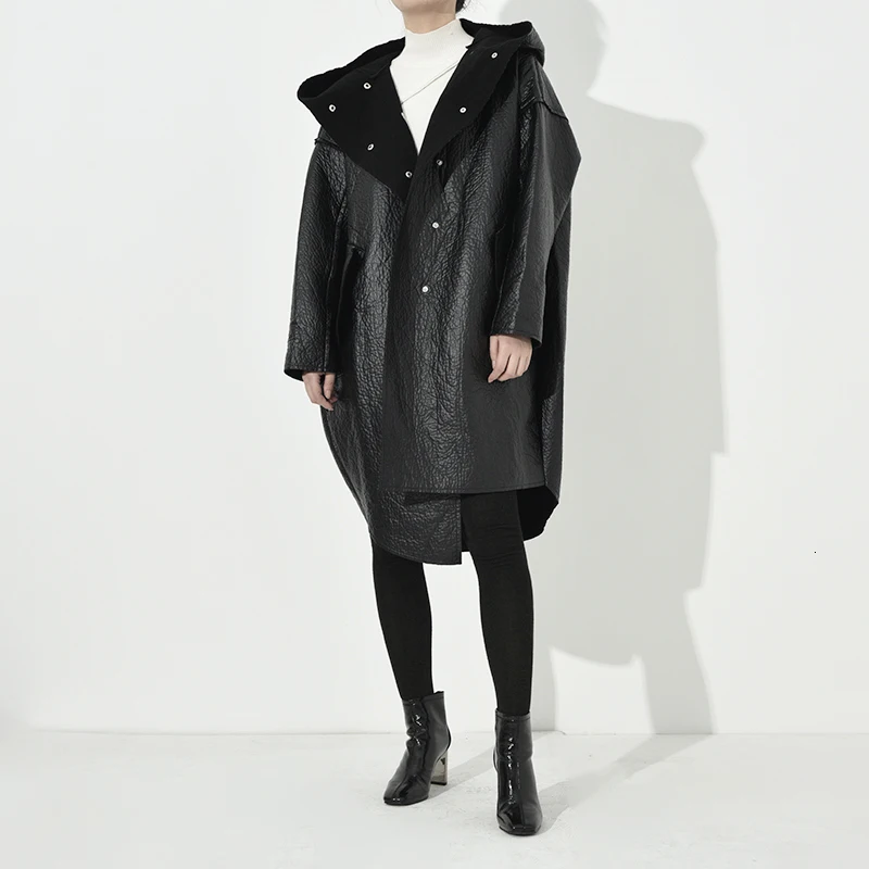 wonderful  [EAM] Loose Fit Asymmetrical Pu Leather Thick Warm Jacket New Hooded Long Sleeve Women Coat Fashion