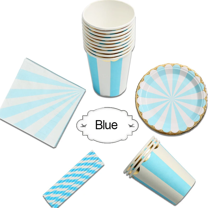 

Gold Foil Blue Stripe Paper Plate Cup napkin straw Disposable Tableware Christmas New Year Party Birthday Party decor Supplies