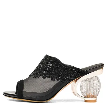 

YECHNE vrouwen Transparante Slides Nieuwe Zomer Zwart Wit Mesh Hoge Hakken Schoenen Sandbeach Open Teen Hollow Crystal Slides