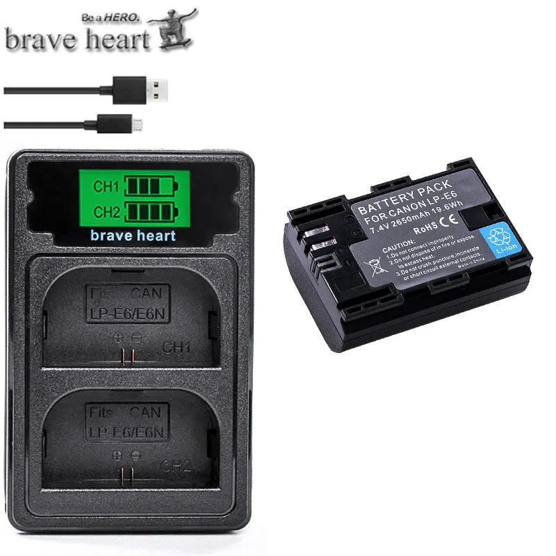 2xdecoded bateria 2650mah LP-E6 LP E6 батареи камеры+ двойное зарядное устройство для Canon DSLR EOS 60D 5D3 7D 6D 70D 5D Mark II III - Цвет: charger and 1battery
