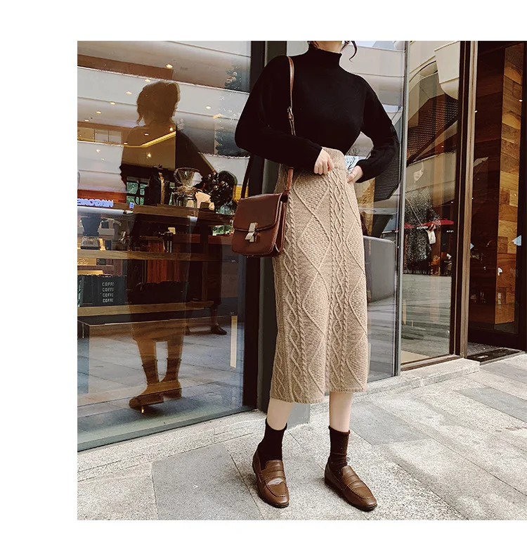 Retro Rhombus Knitted Skirt One-step Skirt Winter Korean-style High-waisted Slimming Mid-length Skirt Women's F5673