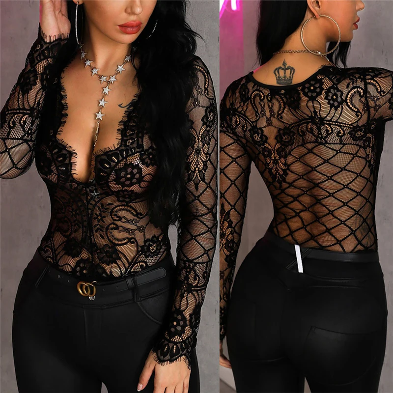 Black lace Blouse Women Elegant Long Sleeve chemise Sexy V Neck Shirts Femme Autumn Spring Casual Blusa Tops Clothes