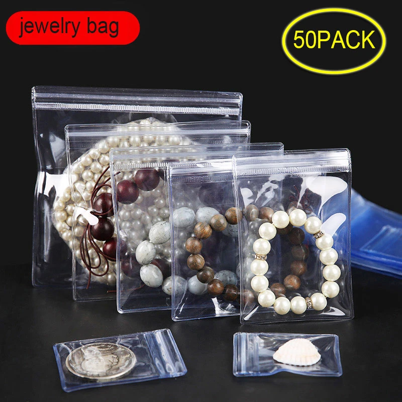 50pcs Pvc Self Sealing Plastic Jewelry Zip Lock Bags Thick Clear
