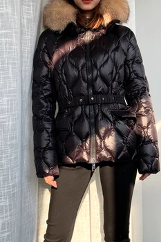 

Duck Down Jacket Women 90% White Duck Down Real Mao Collar Anti Splash Coat Waist With Belt Elastic Cuff Design Two Flap Pockets