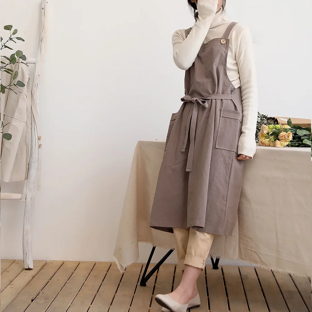 New Cotton Linen Apron For Cooking Baking Flower Shop Ruffles Work Clean Kitchen Aprons for Woman Uniform Lady Dress