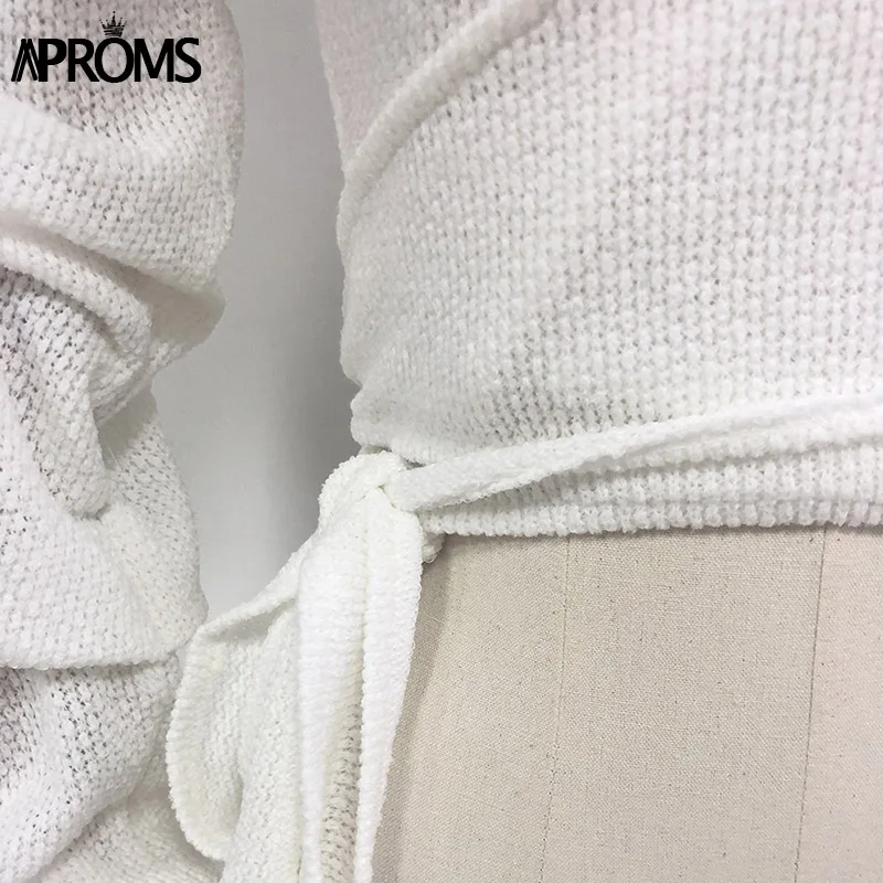 Aproms, глубокий v-образный вырез, белый вязаный пуловер с запахом, Женский Осенний вязаный укороченный свитер с галстуком-бабочкой, женский зимний укороченный топ, джемпер