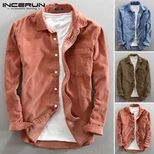 INCERUN, мужская рубашка с длинным рукавом, Вельветовая, на пуговицах, одноцветная,, Camisa, уличная, винтажная, брендовая, Повседневная рубашка, Hombre, Harajuku, 4XL