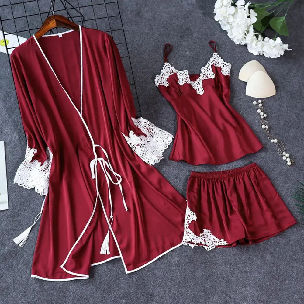 3 шт., женский Шелковый кружевной халат, ночная рубашка, ночная рубашка, пижама, набор размера плюс, пижама, combinaison femme T - Цвет: Красный