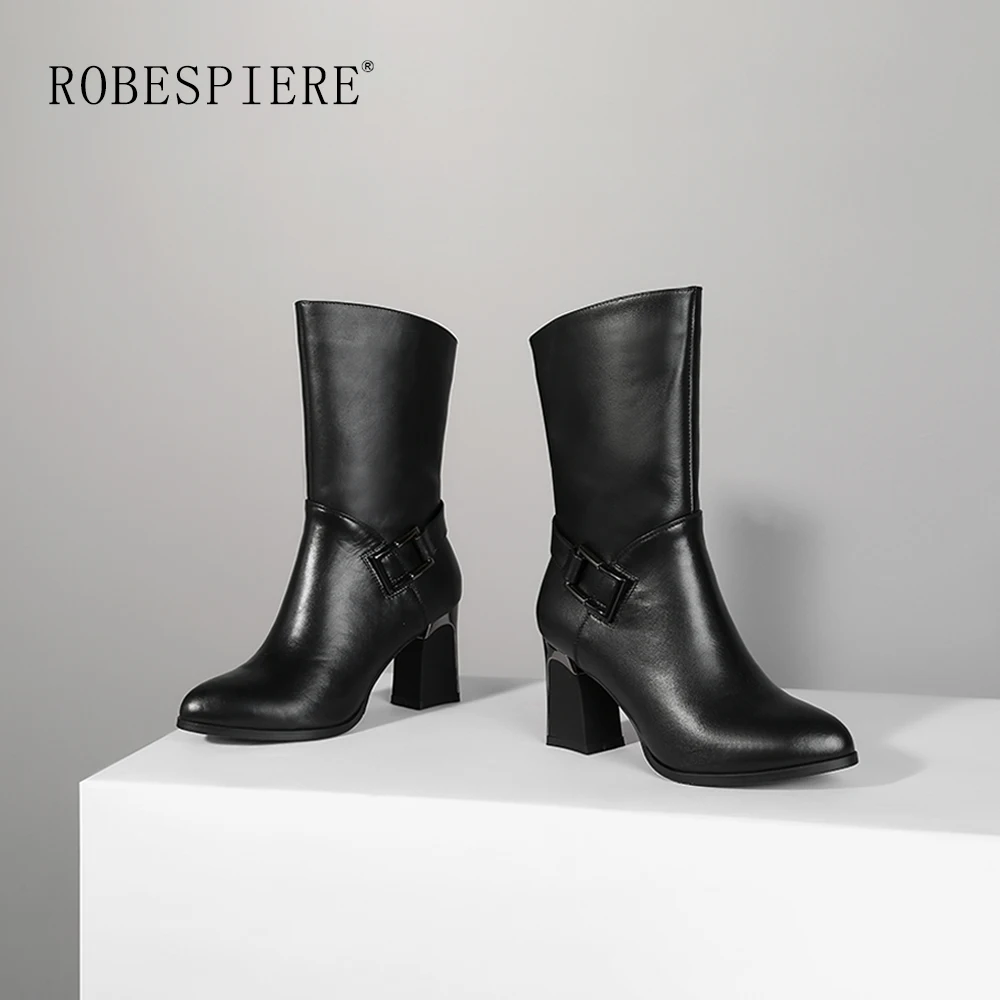 ROBESPIERE New Pointed Toe Mid Calf Boots Women Fashion Buckle Square Heel Shoes Winter Warm plush Zipper Lady Boots B69