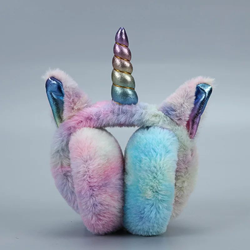 Kids Unicorn plush cartoon earmuffs for Kids warm cute Rainbow color Winter heads accessories for children new year chismas gift