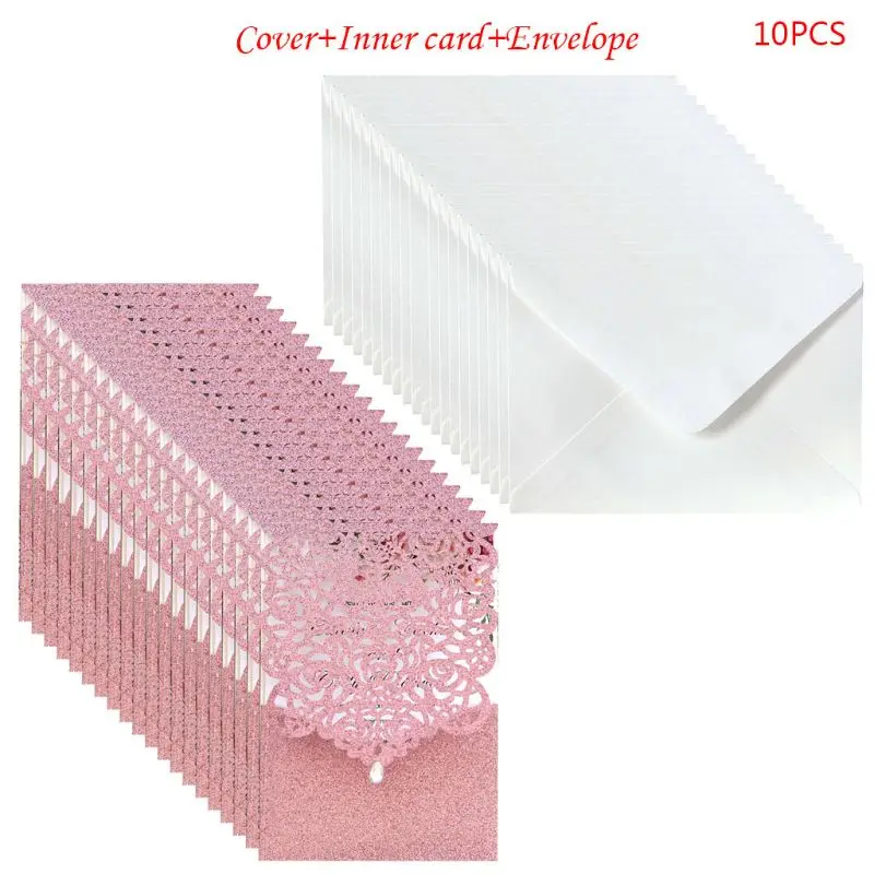  10pcs Laser Cut Glitte Rose Invitations Card with Rhinestone Kits Wedding Party - 4000430095527