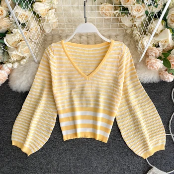 

Spring Autumn Women's Knitwear New Korean Striped Color-blocking Top Waist Short Lantern Sleeve Female Tops LL123