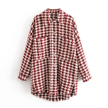 

vintage stylish tweed oversized houndstooth jacket coat women 2019 fashion frayed side vents loose plaid outerwear chic tops