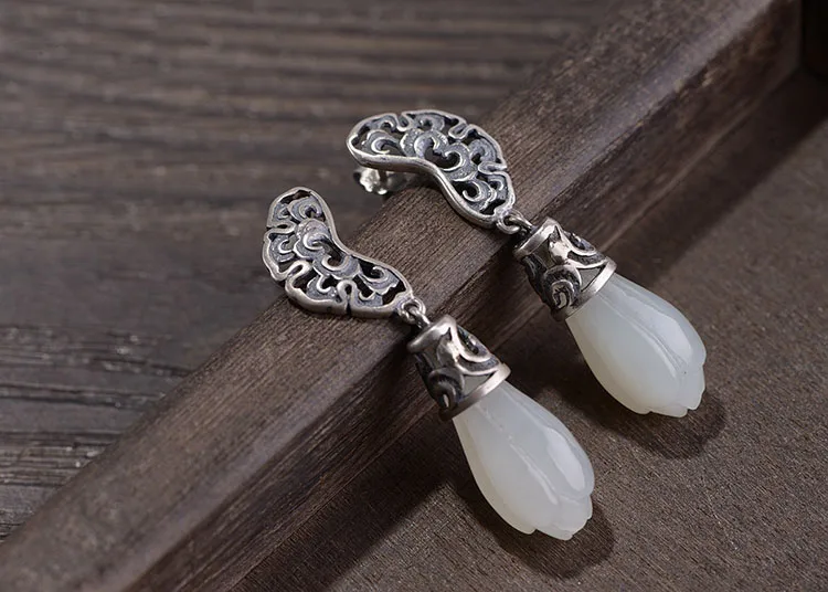 FNJ Flower Jade Earrings 925 Silver Original Pure S925 Sterling Silver Drop Earring for Women Jewelry