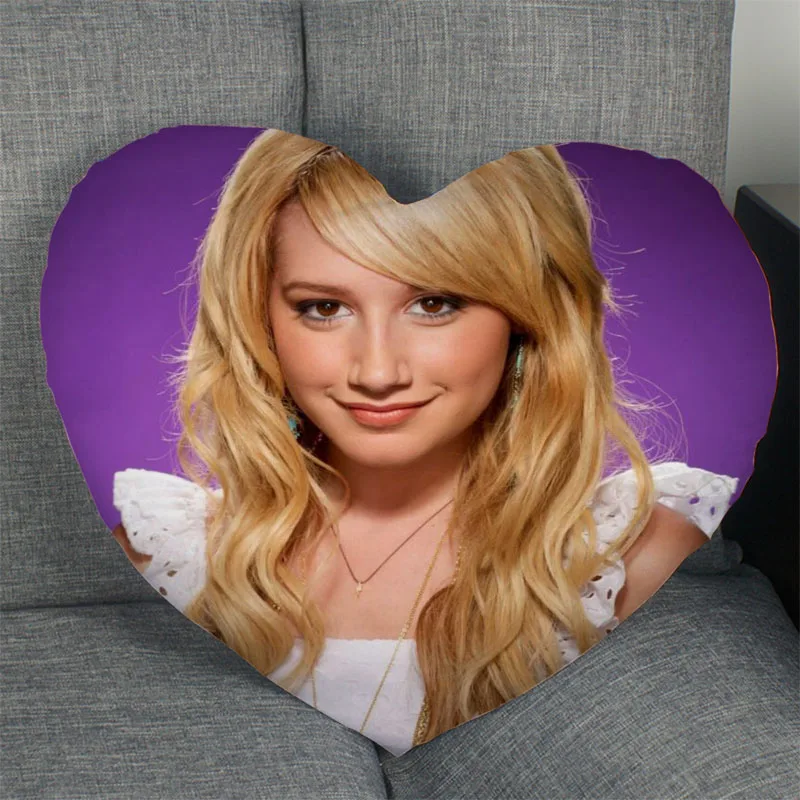 

Ashley Tisdale Pillow Cover Home Office Wedding Decorative Pillowcase Heart Shaped Zipper Pillow Cases Satin Fabric Best Gift