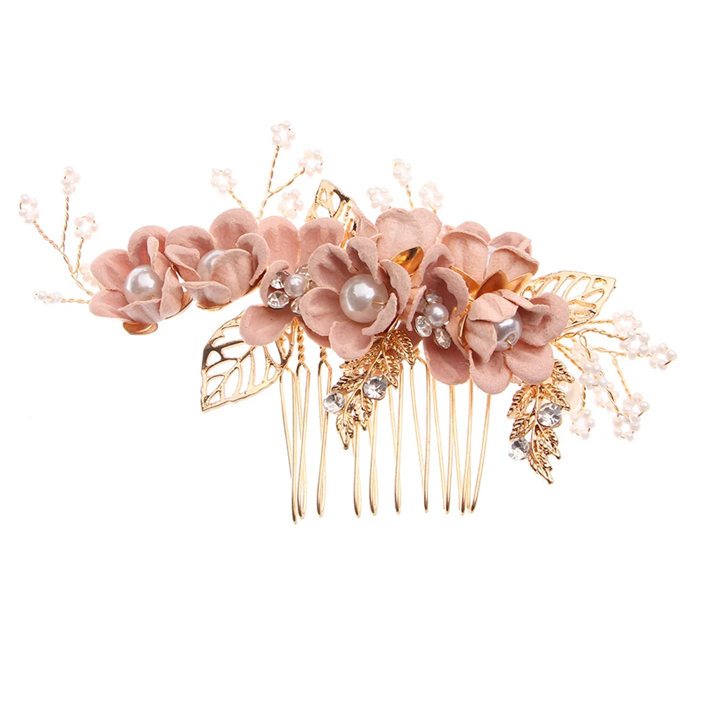 1PC Luxury Blue Pink Flower Hair Combs Headdress Prom Bridal Wedding Crown Hair Accessories Gold Leaves Hair Jewelry Hair Pins yo cho boutonnieres silk roses white pink wedding corsages and boutonnieres groom flower boutonnieres marriage prom brooch pins