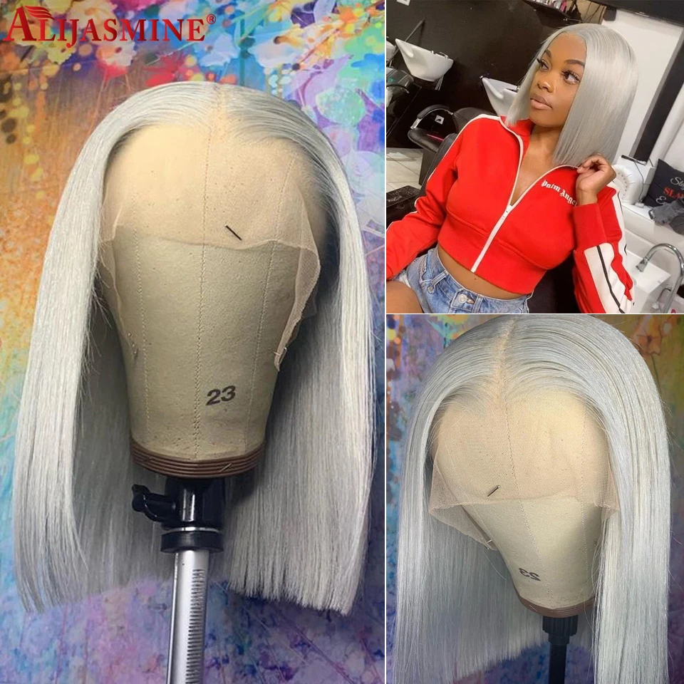 Peluca de cabello humano brasileño Remy para mujeres negras, postizo de 8 a 16 pulgadas con encaje frontal, nudos de lejía, color gris, Bob, 150%