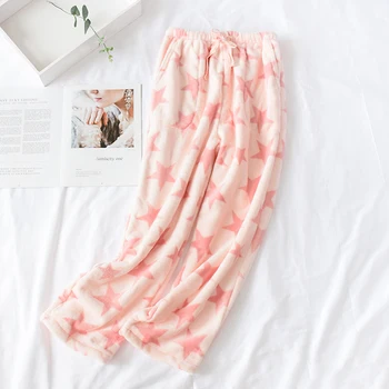 

Winter Pants Women Flannel Home Clothes Pink Star Printed Trousers Wide Leg Sweet Pajama Pants Large Size Thicken Warm Sleepwear